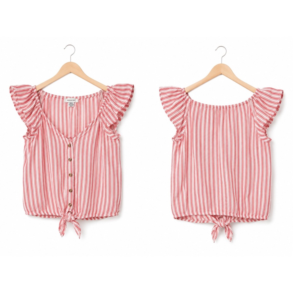 American Eagle Red White Striped Tie Front Button Crop Top Women Small